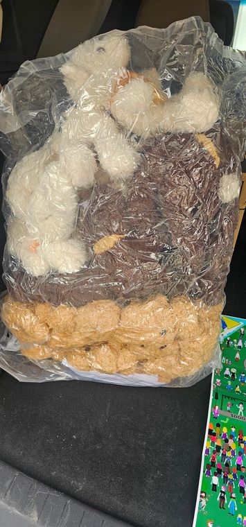 A large clear bag packed with cream and brown soft toys, loaded in the back of a car, with a rolled Dood poster beside it.