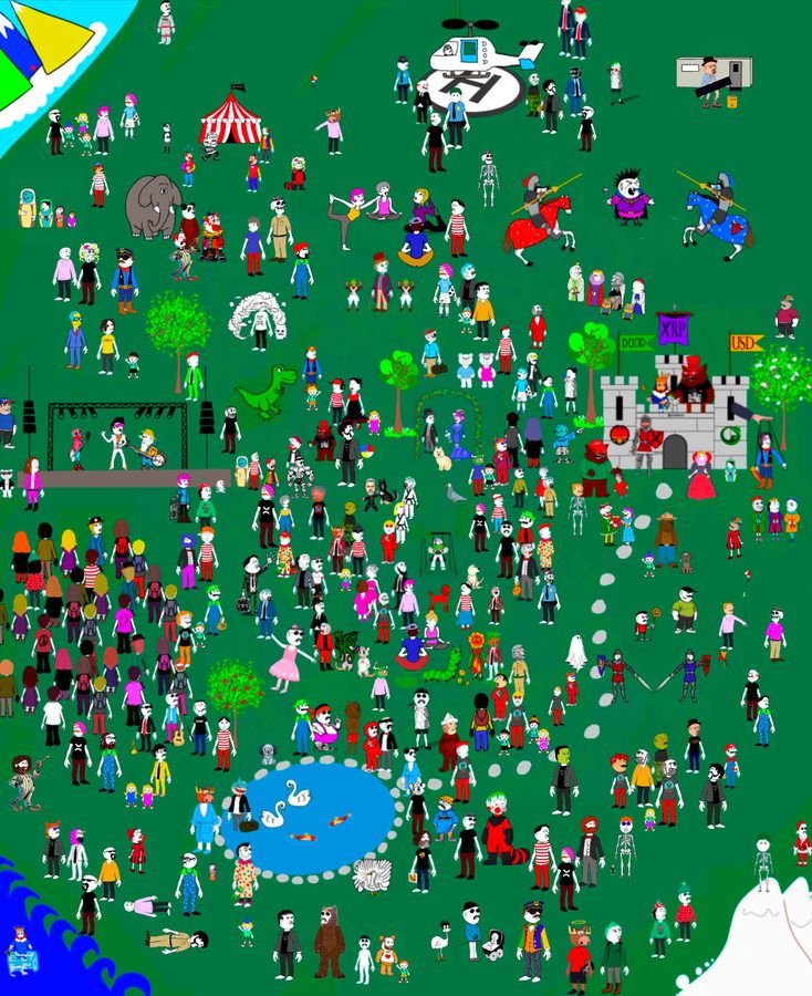 A hand-drawn Dood poster: a crowded green park filled with hundreds of Dood characters — a circus tent, a helicopter, knights on horseback, a castle, a band on stage, a pond with swans — the kind of picture you keep finding new things in.